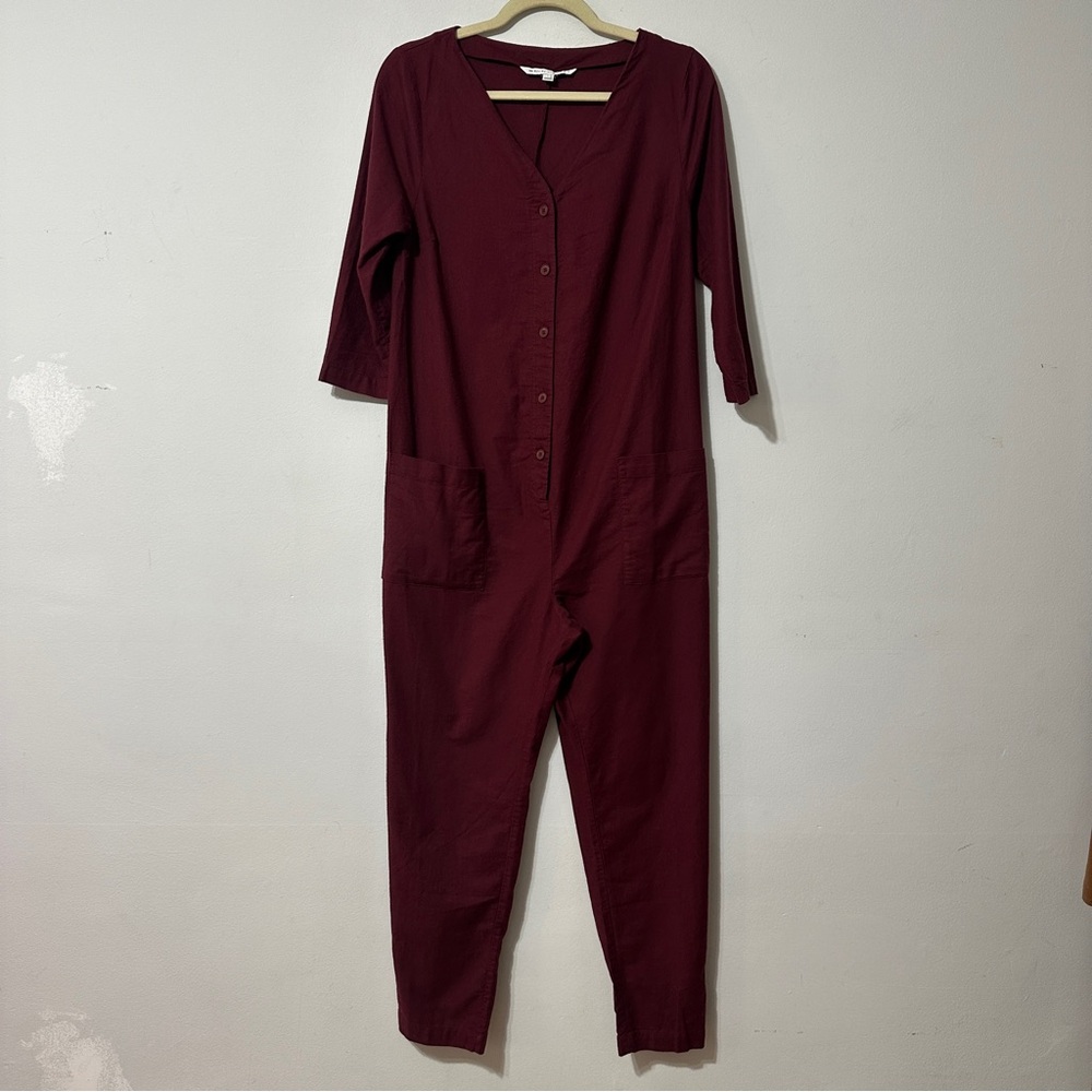 The Nines by HATCH 3/4 Sleeve Button-Front‎ Maternity Jumpsuit Wine Red Sz Small - Picture 2 of 12